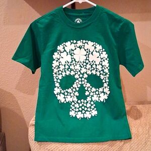St. Patrick's Day Green Tee with White Clover Skull Design